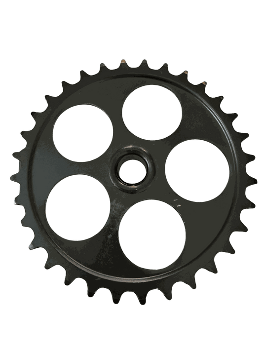 Chainring in black metal with 36 teeth and four large circular cutouts around the center