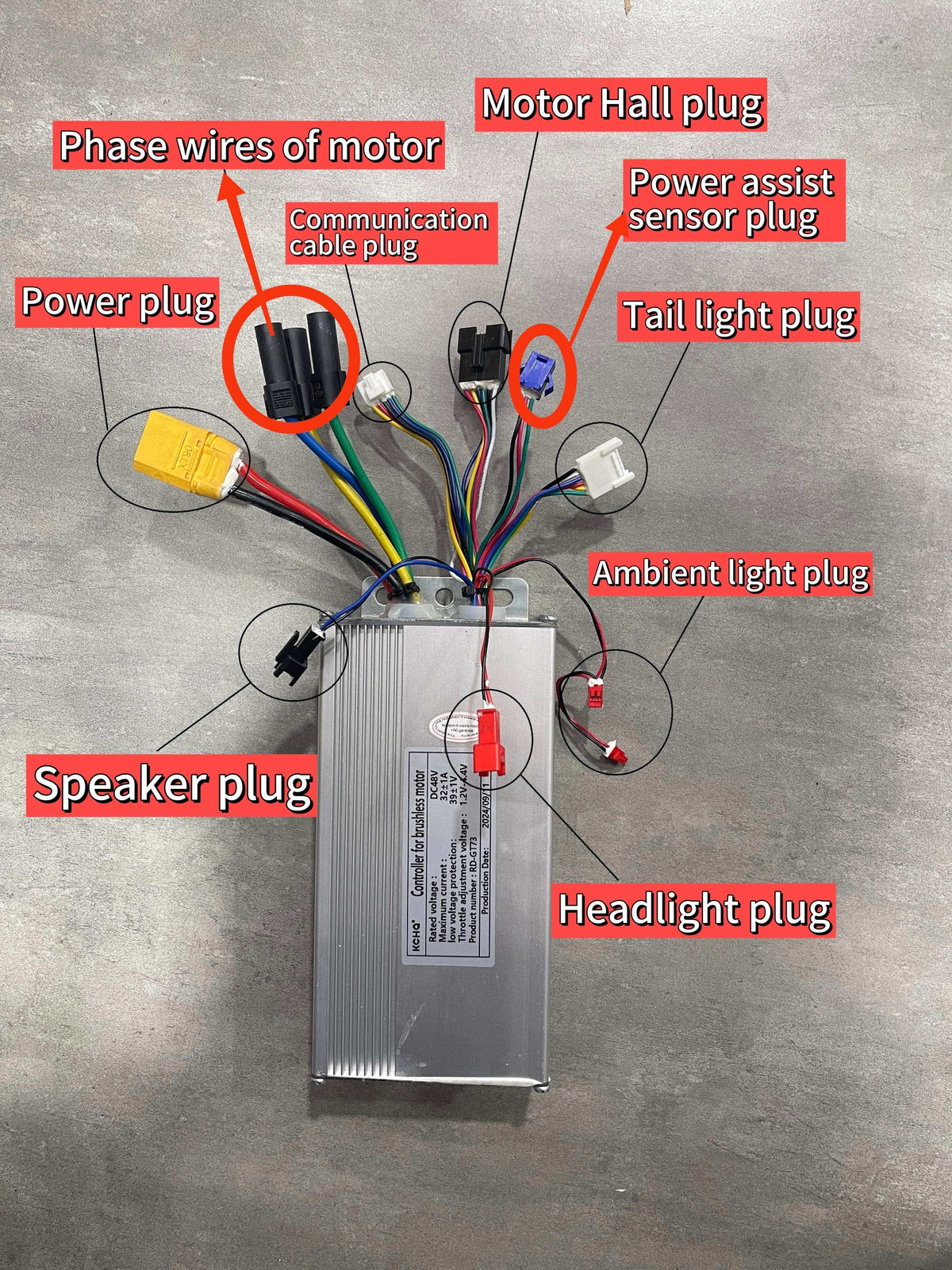 Controller with multiple labeled plugs including power, phase wires, communication cable, motor hall, power assist sensor, tail light, ambient light, speaker, and headlight plugs