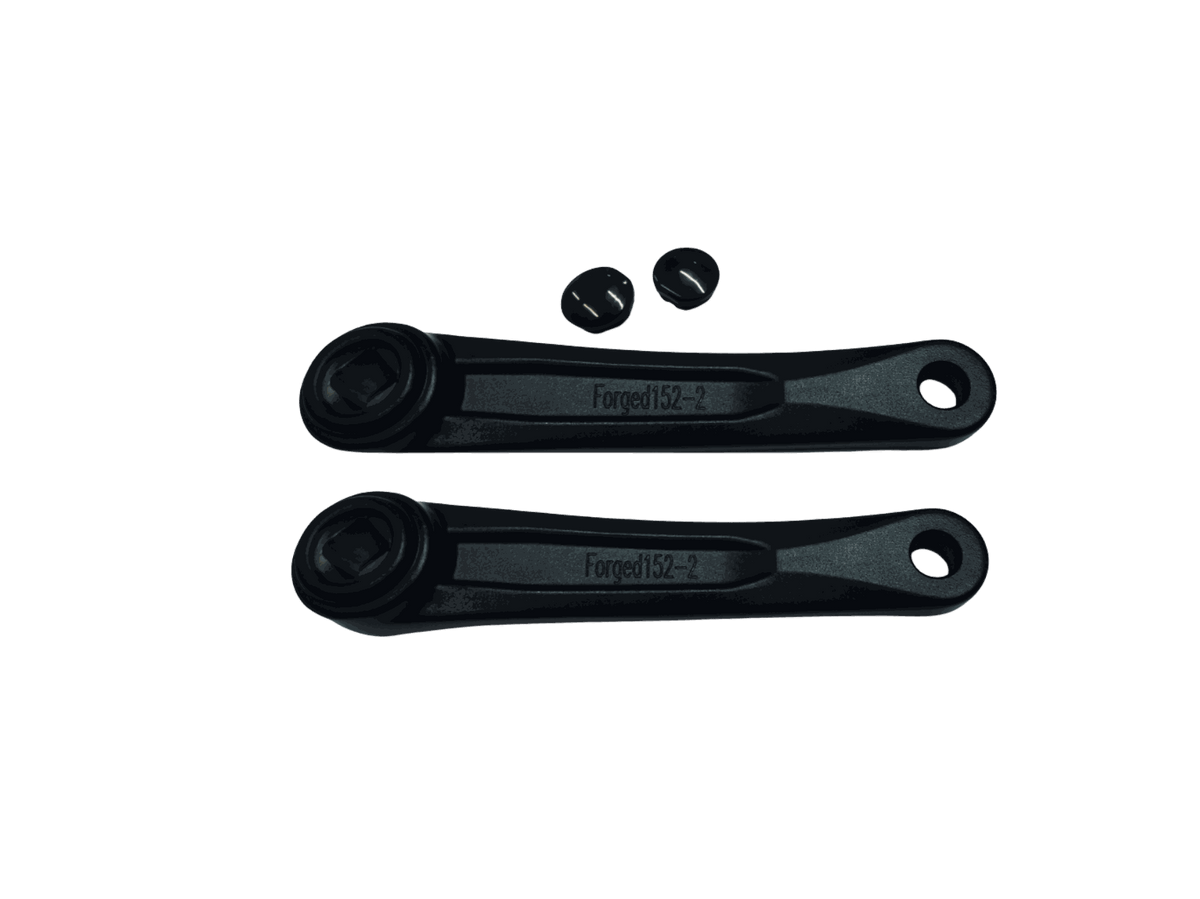 Crank Arm set in black metal with a matte finish and engraved markings, including two black bolt caps