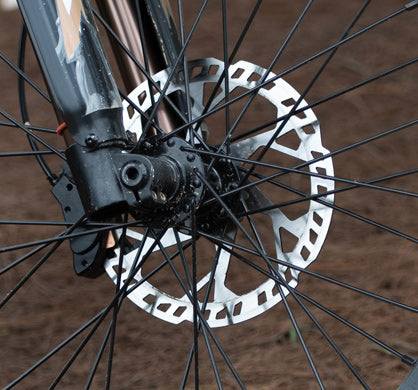Disc Brake Rotor on a bicycle wheel, silver metal with geometric cutouts and black spokes