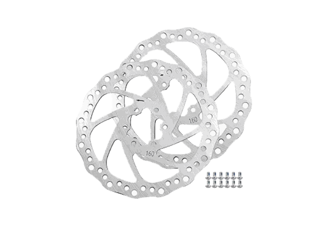 Disc Brake Rotor set featuring two silver metal rotors with circular holes and wave pattern, accompanied by mounting bolts