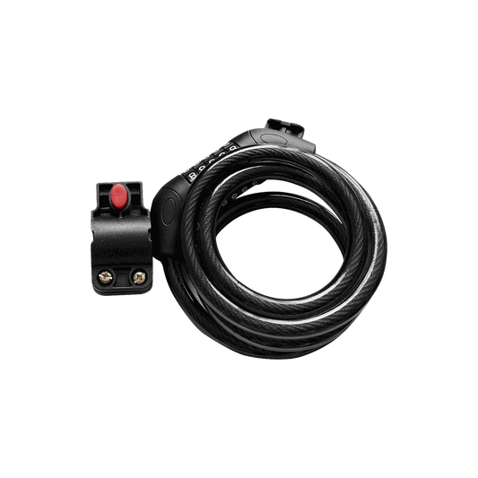 ebike Lock with black coiled metal cable and combination dial attached to black mounting bracket with red release button