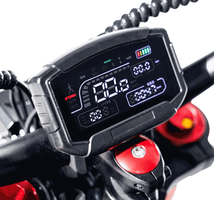 ebike model digital display screen on black handlebars showing speed and battery indicators with red and silver handlebar clamps