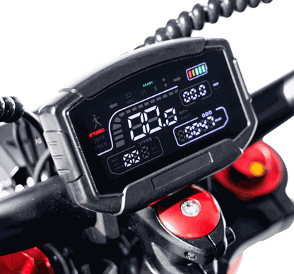 ebike model digital display screen on black handlebars showing speed and battery indicators with red and silver handlebar clamps