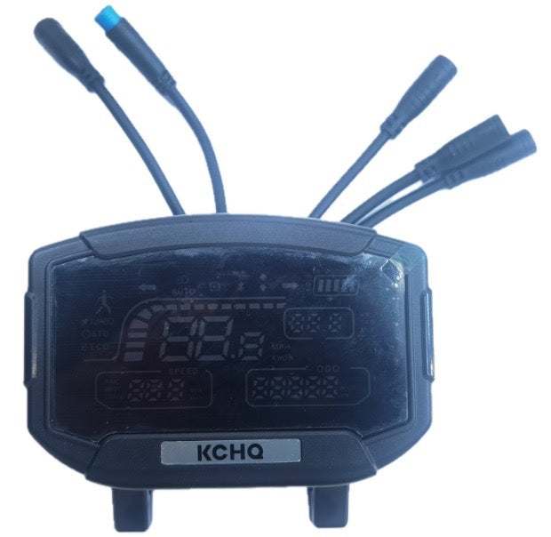 ebike model display unit in black with multiple connector cables and digital screen showing speed and battery indicators