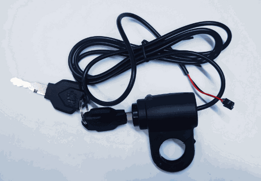 Electronic Throttle Lock featuring black cylindrical lock mechanism with attached wiring and two black keys on a keyring