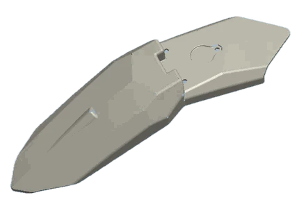 Fender in light grey plastic with angular design and multiple molded details and slots