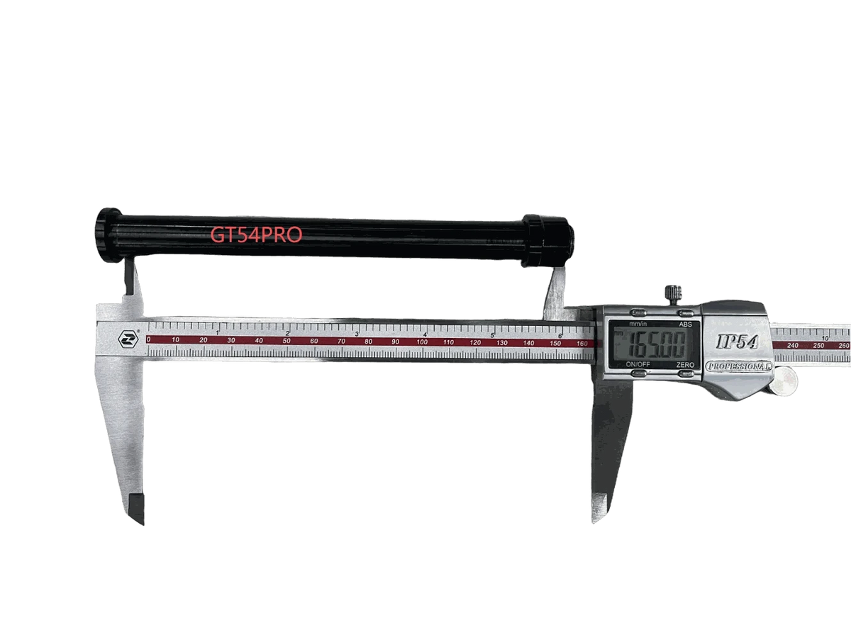 Front Axle Bolt and Nut in black metal with red GT54PRO label being measured at 165 mm on a silver digital caliper
