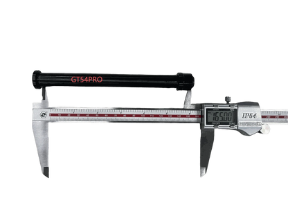 Front Axle Bolt and Nut in black metal with red GT54PRO label being measured at 165 mm on a silver digital caliper