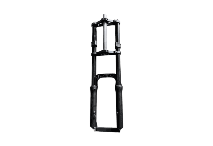 Front Fork black metal suspension fork for a bike with dual shock absorbers and mounting points