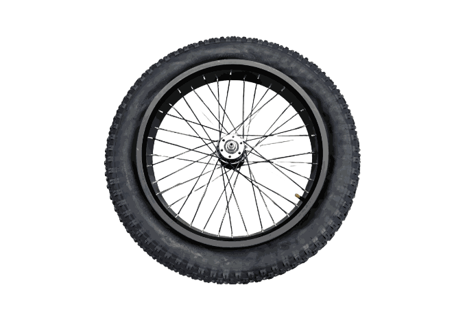 Front Wheel with black rubber tire, metal spokes, and silver hub with detailed rim design