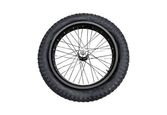 Front Wheel with black rubber tire, metal spokes, and silver hub with detailed rim design
