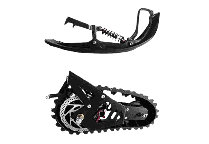 G63 - Convertible Snow Kit featuring a black snowboard with suspension and a black nylon mesh rubber track with motor and disc brake