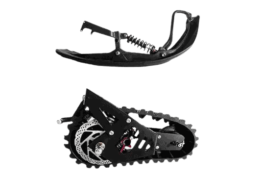 G63 - Convertible Snow Kit featuring a black snowboard with suspension and a black nylon mesh rubber track with motor and disc brake