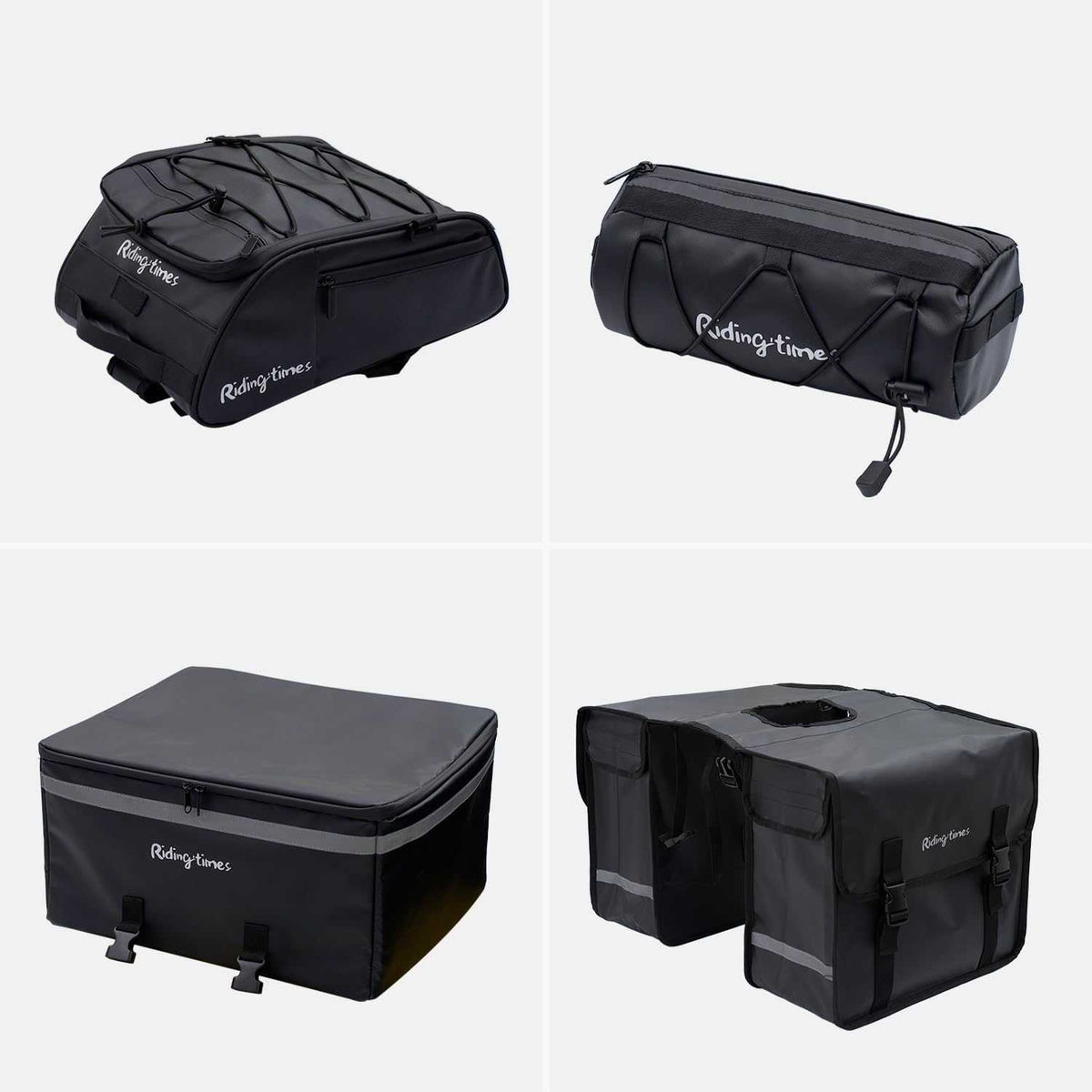 GT53 black waterproof high-capacity faux leather bag set including handlebar, front rack, saddle, and rear seat bags