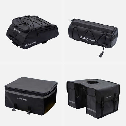 GT53 black waterproof high-capacity faux leather bag set including handlebar, front rack, saddle, and rear seat bags