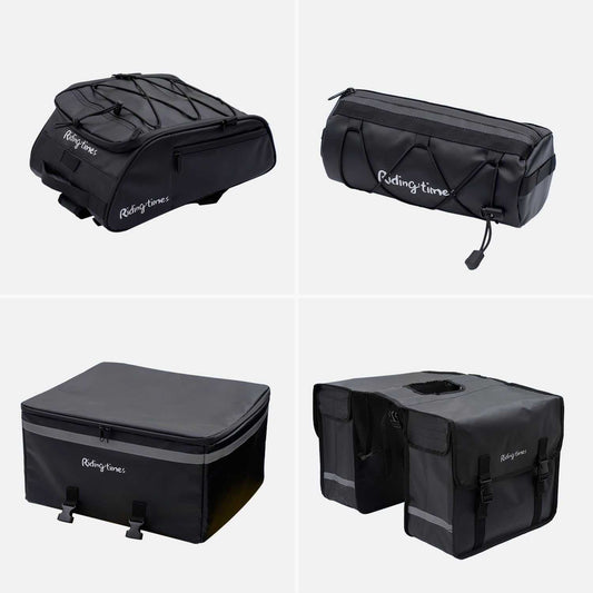 GT53 black waterproof high-capacity faux leather bag set including handlebar, front rack, saddle, and rear seat bags