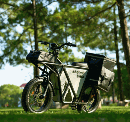 GT53 black waterproof high-capacity faux leather bags set on cargo electric bike including handlebar, front rack, saddle, and rear seat bags
