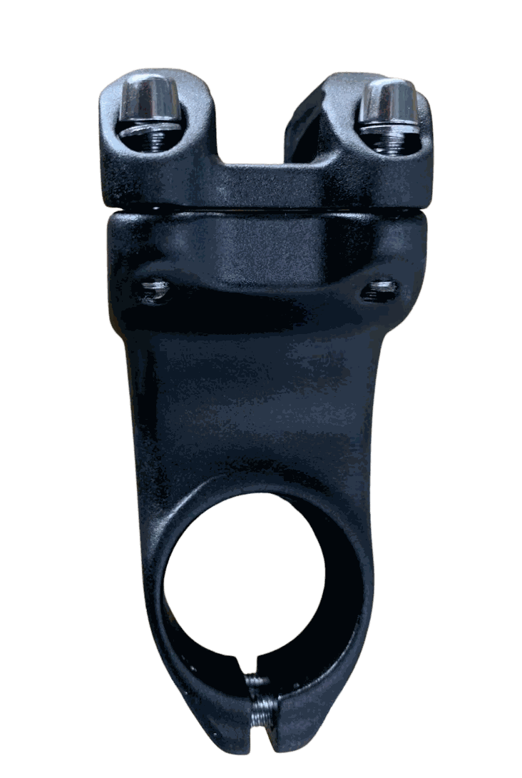 Handlebar Stem in matte black metal with two bolts on top and a circular clamp at the bottom for securing