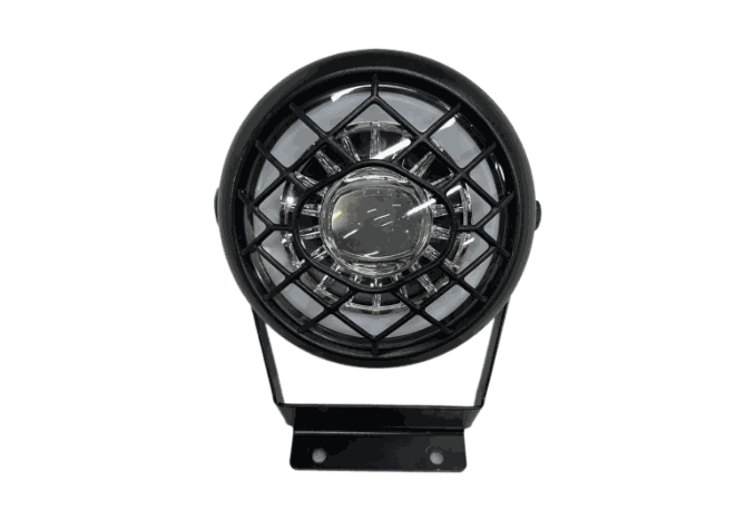 Headlight with black metal protective grille, clear lens, and circular frame, designed for Z8 Electric Bike