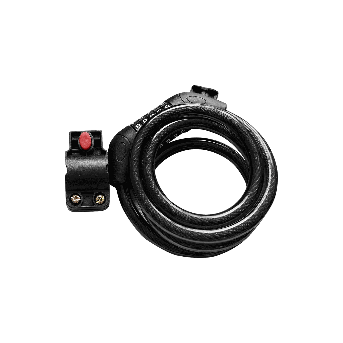 Helmet black combination cable lock with integrated mount and red locking button, coiled design for bike security