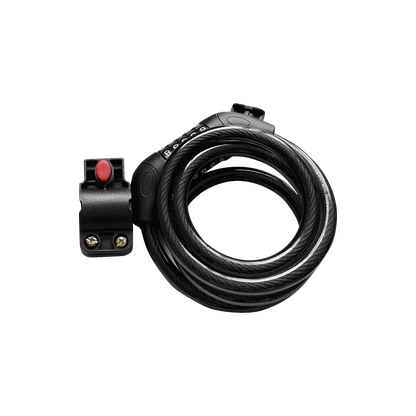 Helmet black combination cable lock with integrated mount and red locking button, coiled design for bike security