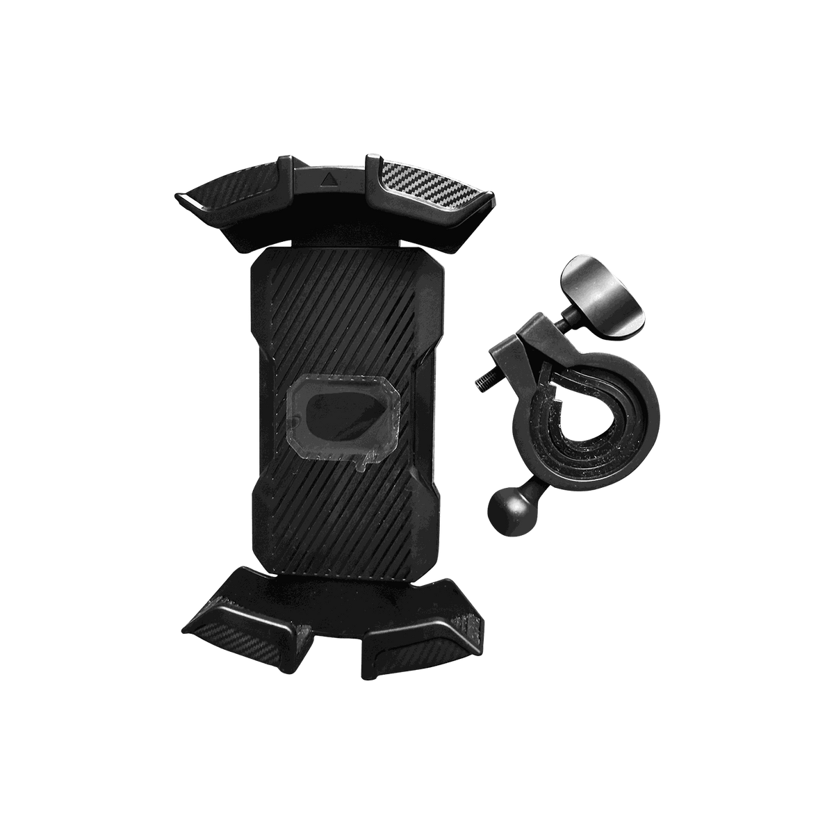 Helmet accessory phone holder in black plastic with textured grip and adjustable clamp for mounting