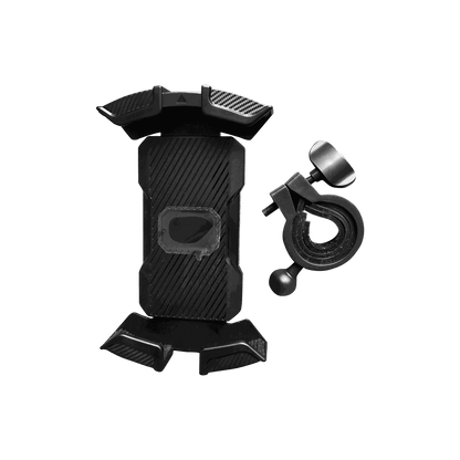 Helmet accessory phone holder in black plastic with textured grip and adjustable clamp for mounting