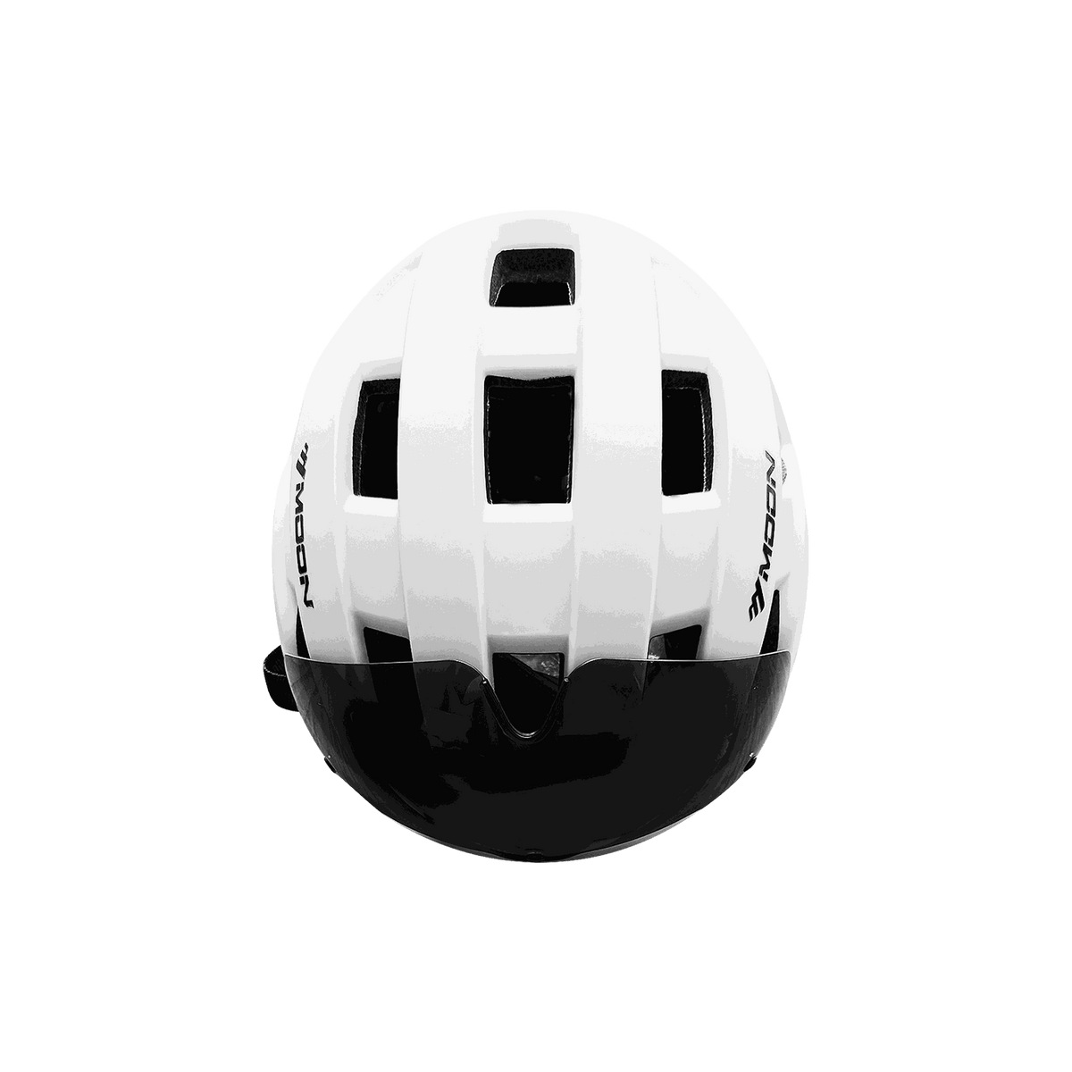 Helmet in white with black accents, featuring multiple ventilation slots and a sleek glossy finish