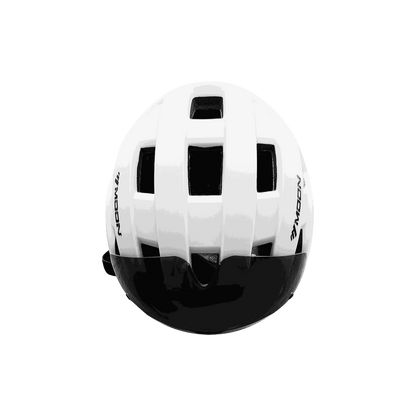 Helmet in white with black accents, featuring multiple ventilation slots and a sleek glossy finish