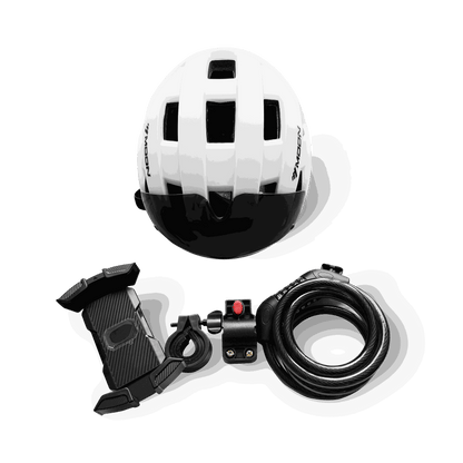 Helmet in white with black visor, black phone holder with clamp, and coiled black ebike lock with red button