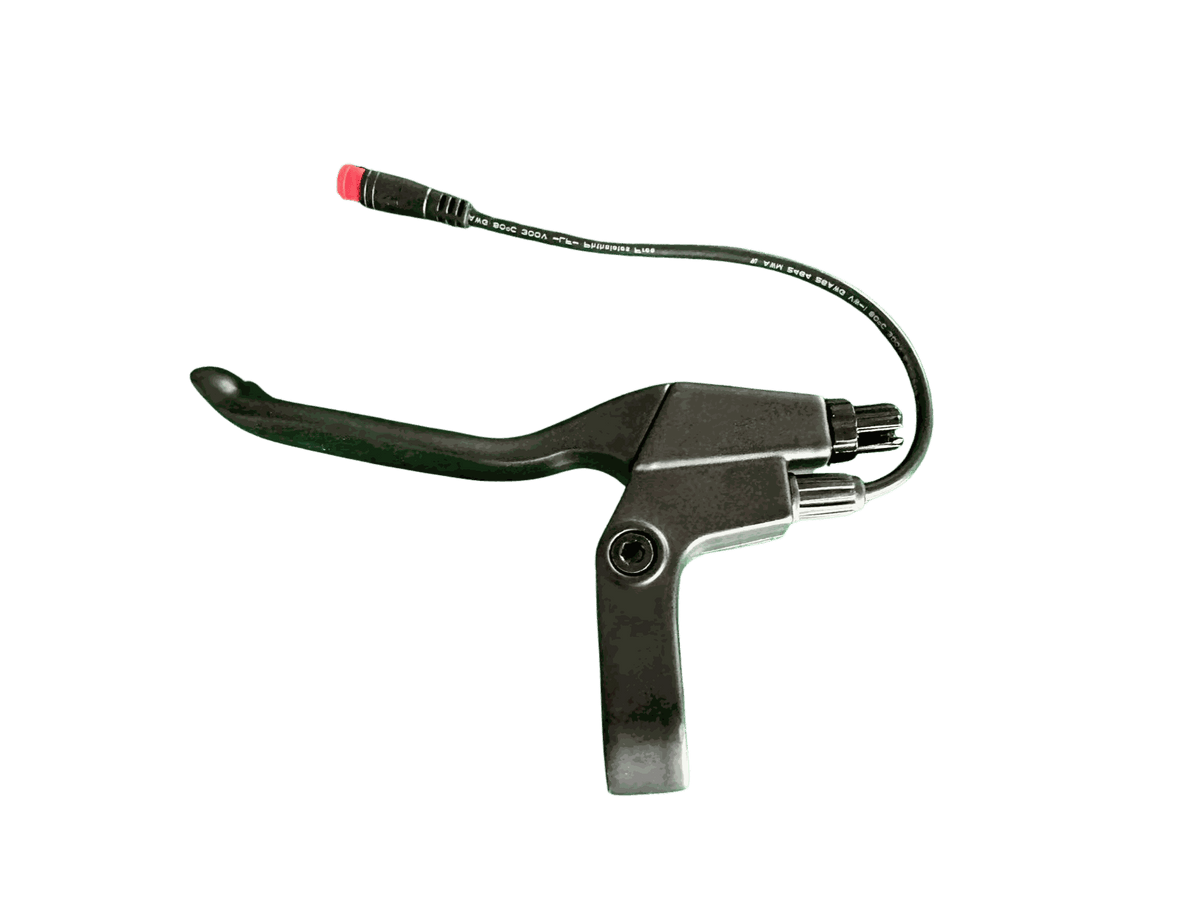 Left Brake Handle in black metal with cable and red connector tip, designed for e-bike handlebars