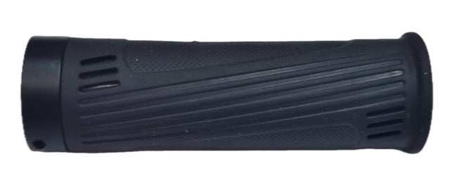 Left Grip black rubber bicycle handlebar grip with textured diagonal and vertical lines for secure hold