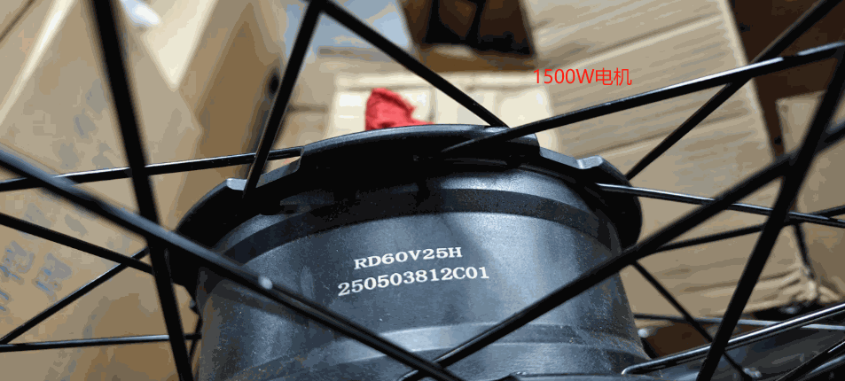 black metal motor casing with RD60V25H 250503812C01 serial number on an ebike wheel hub featuring black spokes