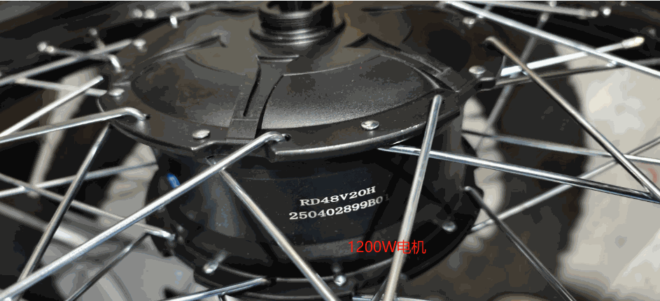 motor black metal electric bike wheel hub with silver spokes and visible serial number RD48V20H 250402899B01