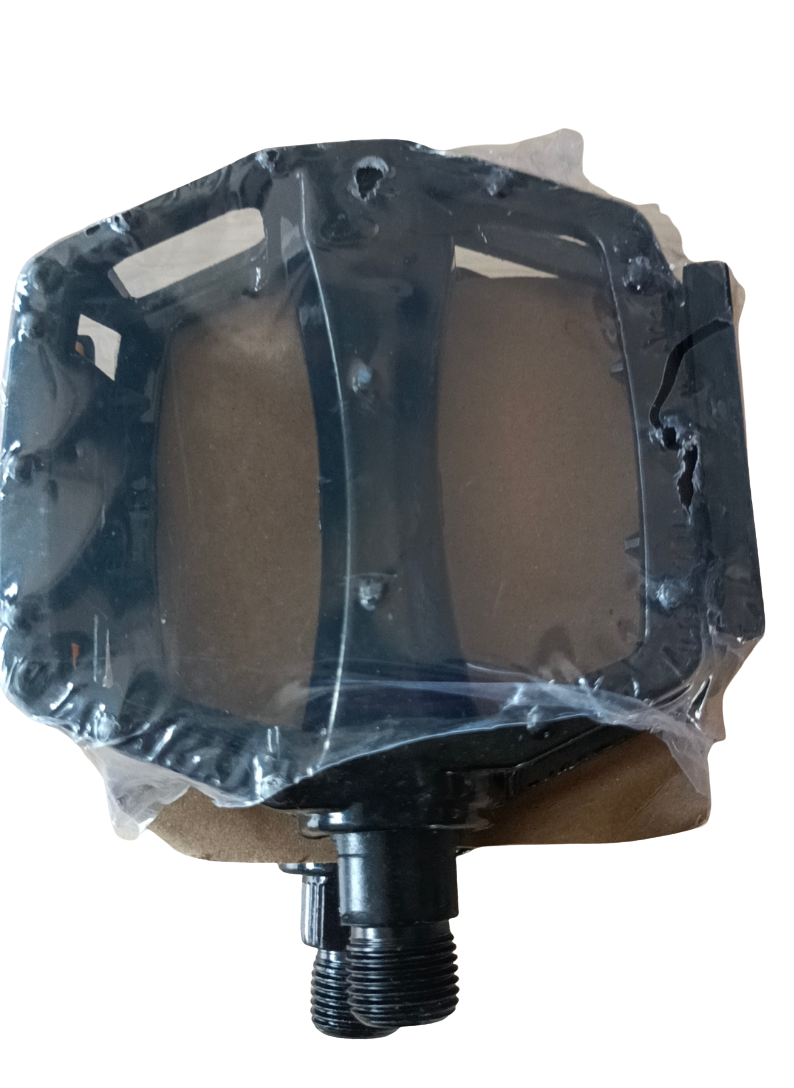 Pedal with black plastic body and metal threaded spindle, featuring a wide flat platform and open frame design wrapped in protective plastic