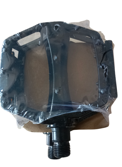 Pedal with black plastic body and metal threaded spindle, featuring a wide flat platform and open frame design wrapped in protective plastic