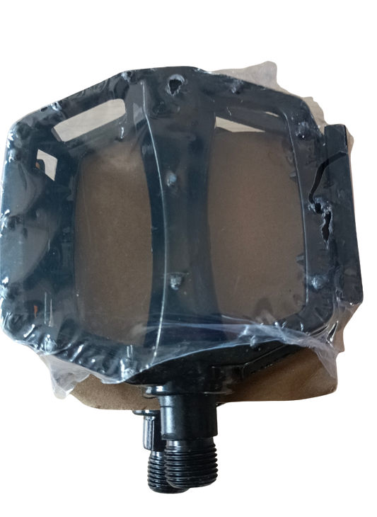 Pedal with black plastic body and metal threaded spindle, featuring a wide flat platform and open frame design wrapped in protective plastic