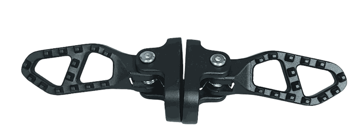 Pegs pair in black metal with textured footrests and mounting brackets designed for bike foot support
