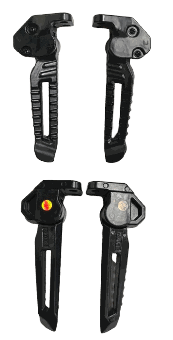 Pegs made of black metal with a textured grip pattern and hinged top sections for attachment