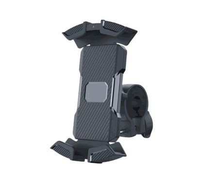 Phone Holder in black with a textured grip surface and adjustable clamps for securing a phone