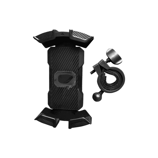 Phone Holder in black with textured grip and adjustable clamp designed for mounting on handlebars or tubes