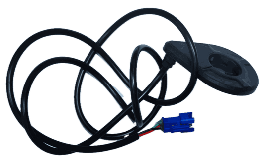 Power Assist Sensor with black circular plastic housing and attached long black cable with blue connector end