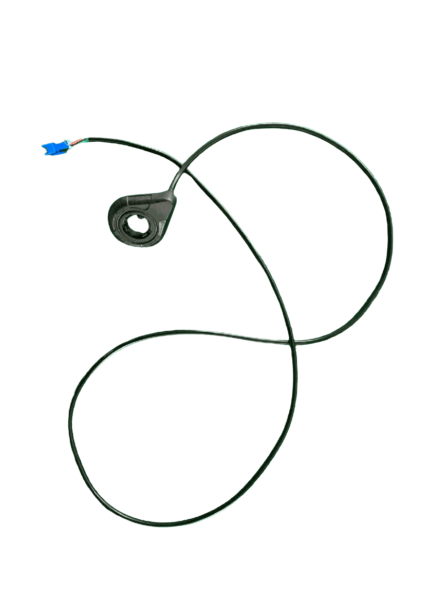 Power Assist Sensor with black plastic housing and attached black cables ending in a blue connector for e-bike motor compatibility
