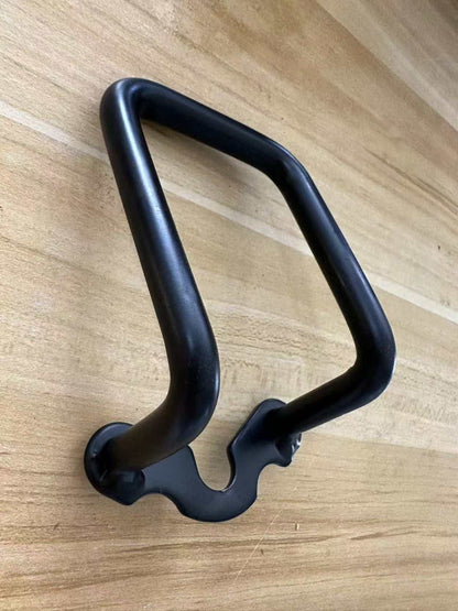 Black metal Rear Derailleur Protector with a sturdy curved frame and mounting points for secure attachment