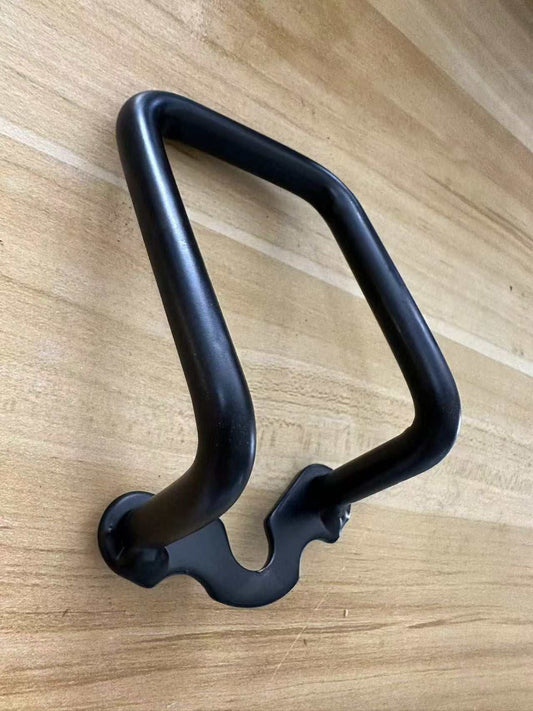 Black metal Rear Derailleur Protector with a sturdy curved frame and mounting points for secure attachment