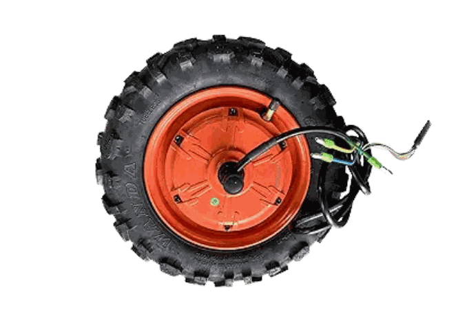 Rear Motor Wheel with black knobby tire and orange metal hub featuring attached black electrical wires