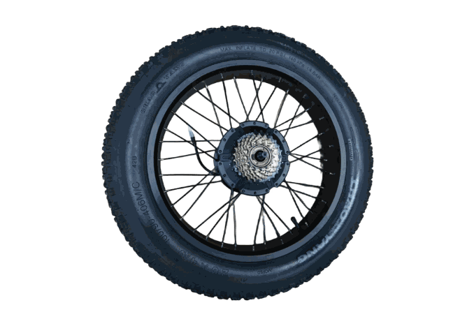 Rear Motor Wheel with black rubber tire, metal spokes, and a gear cassette hub featuring electric motor components