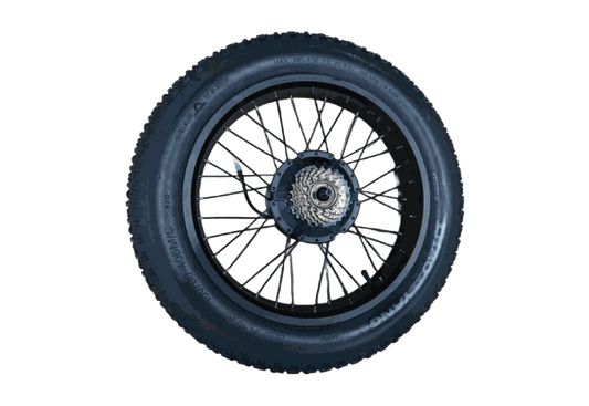 Rear Motor Wheel with black rubber tire, metal spokes, and a gear cassette hub featuring electric motor components