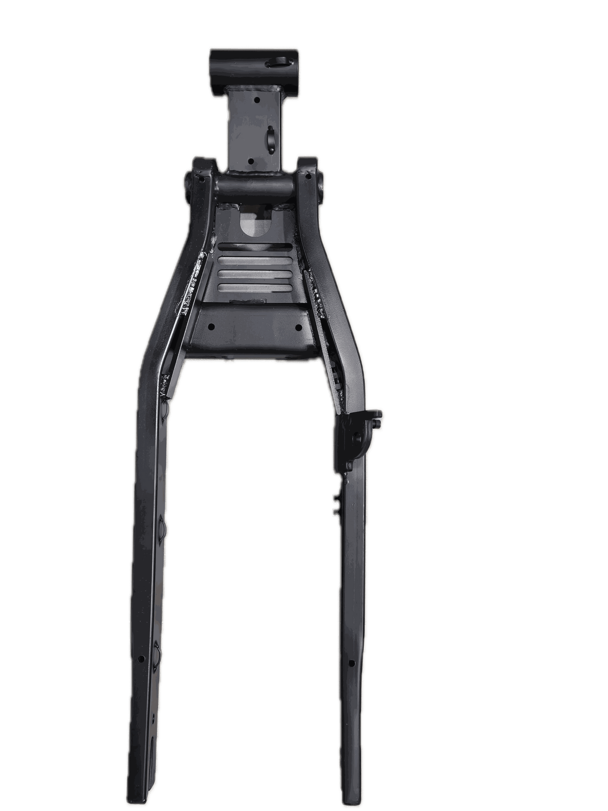 Rear Swingarm in black metal with a sturdy triangular structure and mounting points for bike components